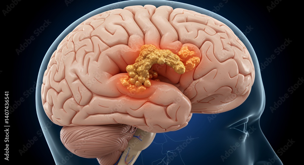 3D Medical Illustration of Brain Abscess: Detailed Anatomy of Infected Cerebrum