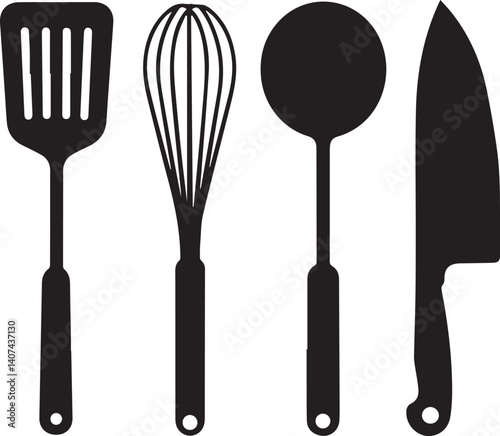 A vector clip art set of kitchen utensil silhouettes in black on a white background. The utensils include a spatula, whisk, ladle, and chef's knife. 