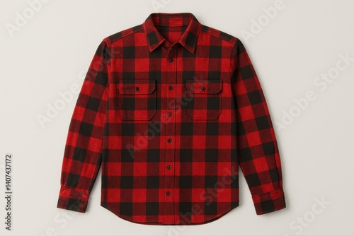 A red and black buffalo plaid flannel lumberjack shirt laid flat against a light neutral background