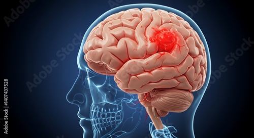 3D Render of Traumatic Brain Injury: Red Hematoma on Human Brain, Blue Background