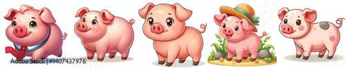 Funny collection of farm animal pictures pigs in cartoon style on white background