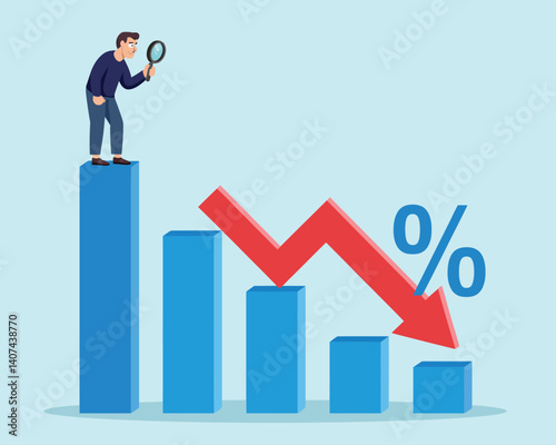 Business Analyst with Magnifying Glass Analyzing Decreasing Graph with Red Arrow and Blue Columns in Financial Decline Illustration