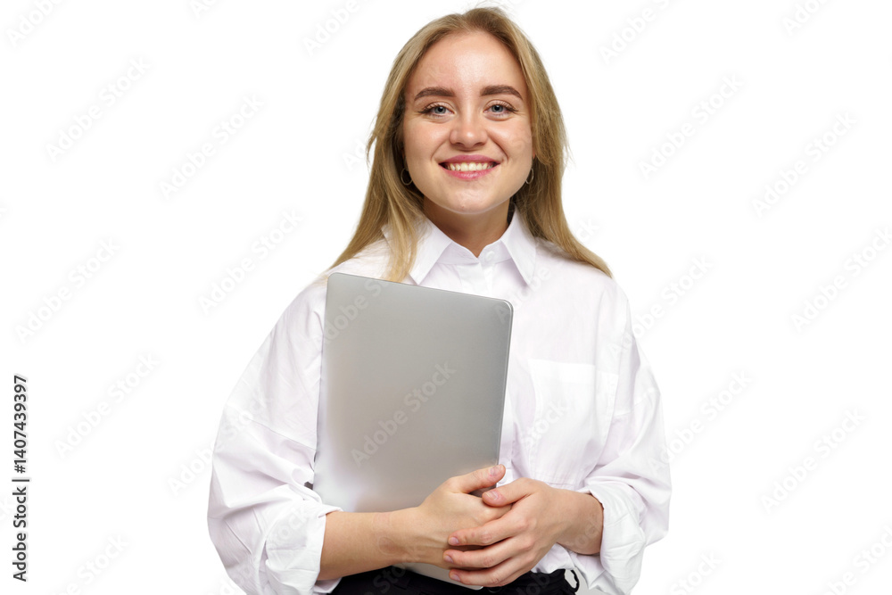 Smiling Young Woman Holds Laptop, Exuding Confidence and Professionalism in Bright Setting Smiling Young Woman Holds Laptop, Exuding Confidence and Professionalism in Bright Setting