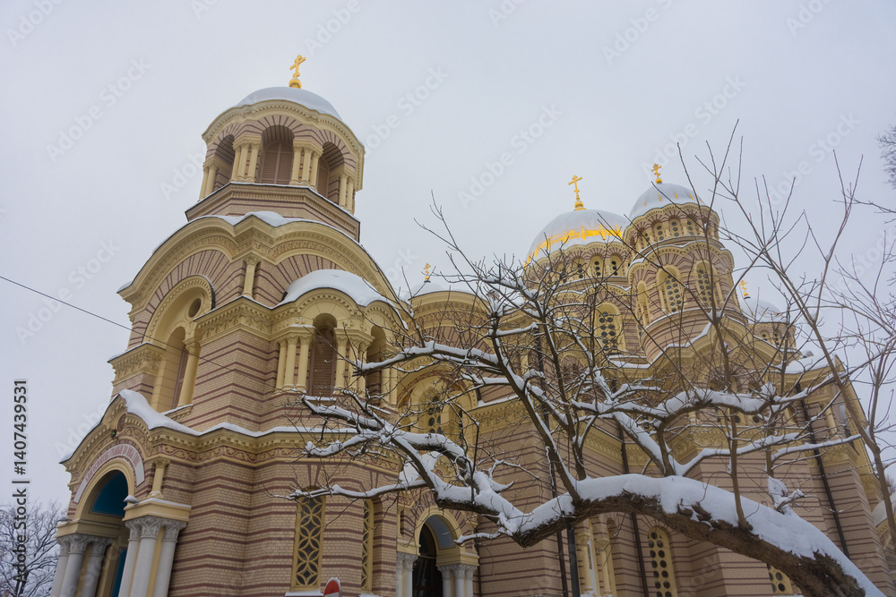 Nativity of Christ Cathedral under the snow in winter, Riga, Latvia