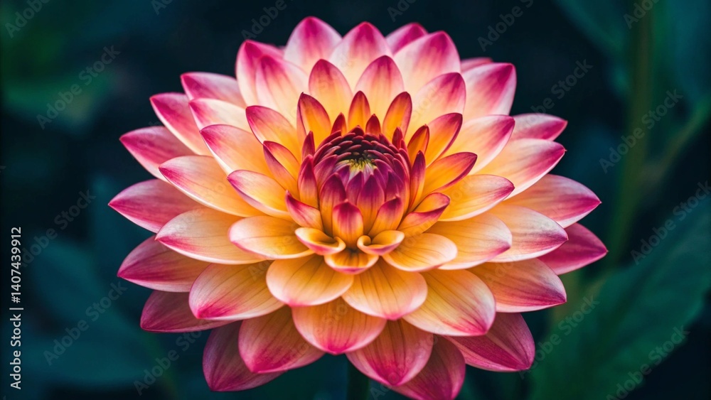 Obraz premium A vibrant close-up of a dahlia flower with layers of petals transitioning from deep magenta at the center to warm orange and bright pink at the tips