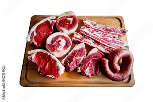 Raw Meat Cuts on Wooden Board for Barbecue – Isolated Background