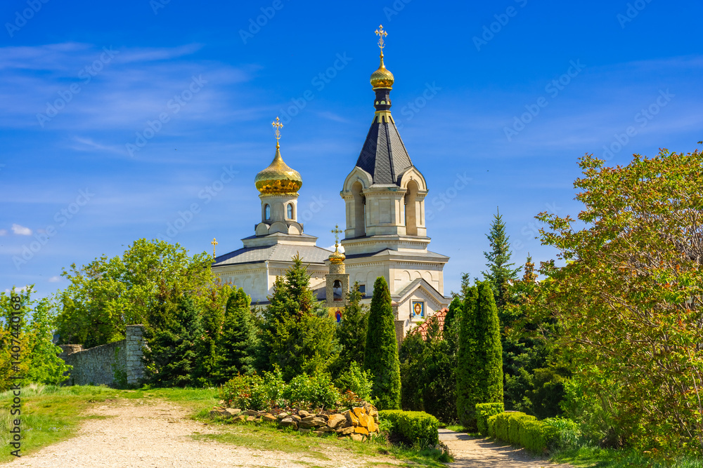 Golden domes of the Orheiul Vechi Monastery in Butuceni, Moldova