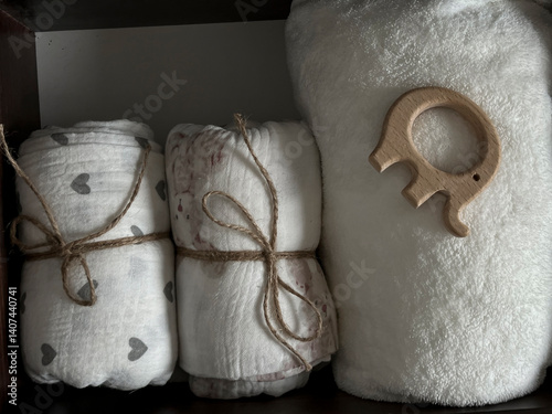 Obraz na płótnie Muslin diapers, a terry towel in the drawer of the bedside table. Preparing for the birth of a child w salonie