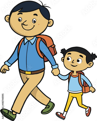 Two cartoon character brothers going to school vector illustration. Two kids are going to school