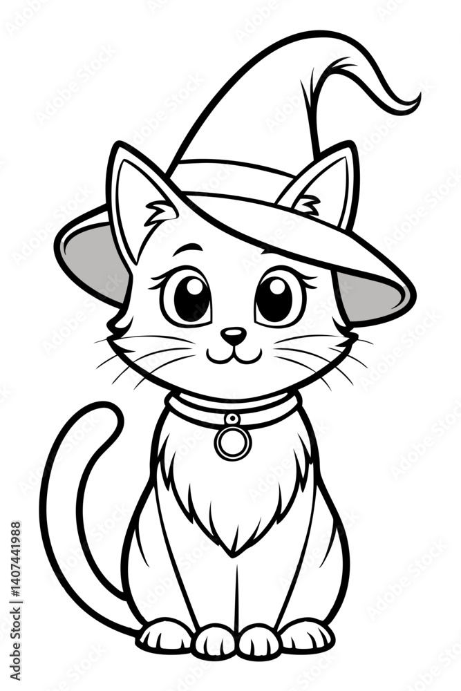 Obraz premium cat with a witch hat, coloring page