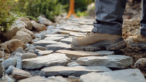 Wallpaper Mural Mason laying stone for garden pathway installation. Featuring stonework and landscaping Torontodigital.ca