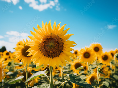 Wallpaper Mural Low angle of sunflower field with yellow flowers, red barn, and puffy clouds under summer sky Torontodigital.ca