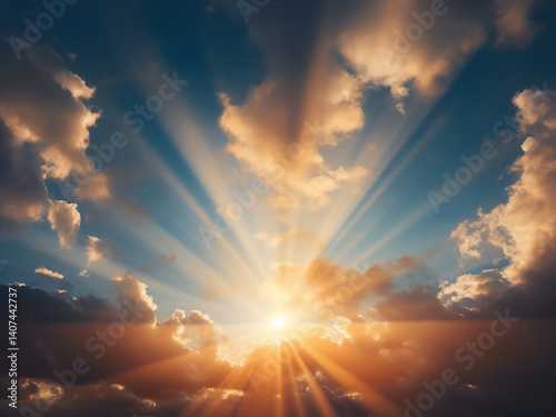 Wallpaper Mural Sun rays break through dramatic clouds and stream powerfully warming the earth below Torontodigital.ca