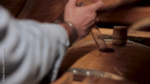 Hand Checking Wooden Barrels in a Winery Cellar for Quality Control