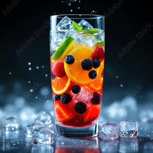 A vibrant, tall transparent glass filled with a colorful medley of fruits submerged in a sparkling, clear drink. The glass contains slices of orange and lime layered with whole strawberries, blackberr photo