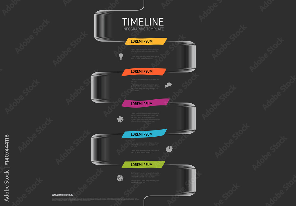 Colorful Dark Vertical Timeline Infographic Template with titles highlighted with fresh highlighter