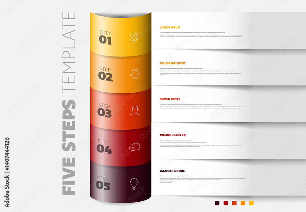 Colorful Five Steps Infographic Template Design with yellow to red paper stripes