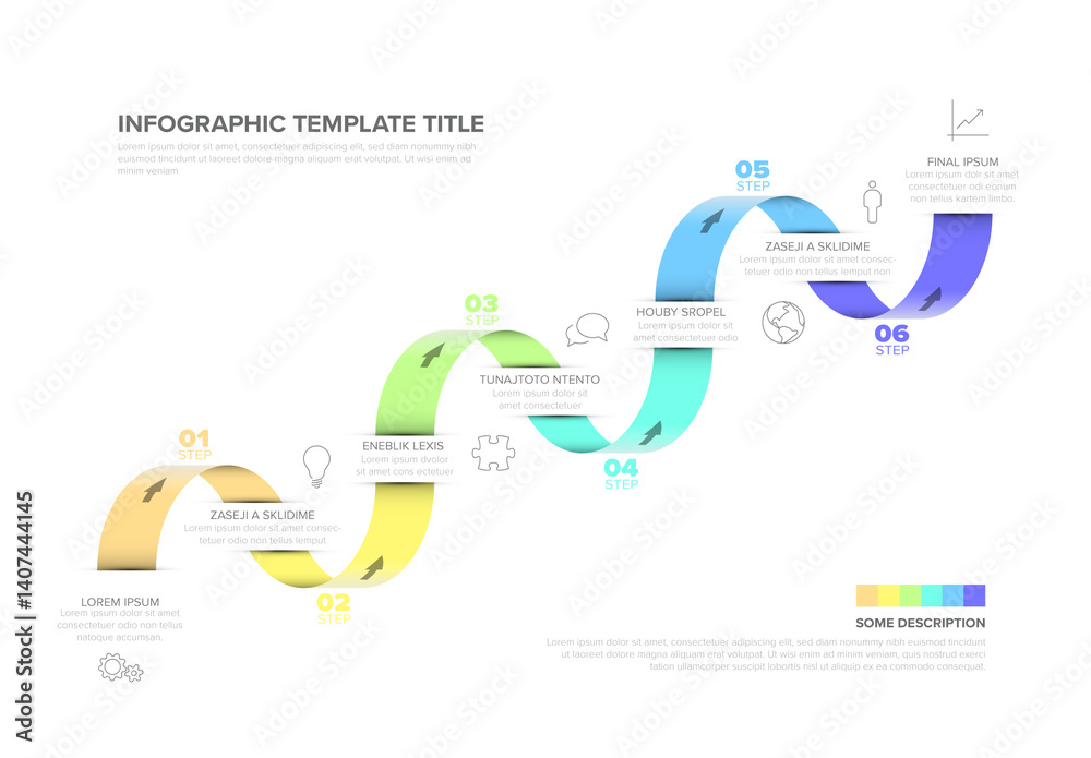 Colorful Six-Step Gradient Infographic Template Design wit color ribbon stripe and icons