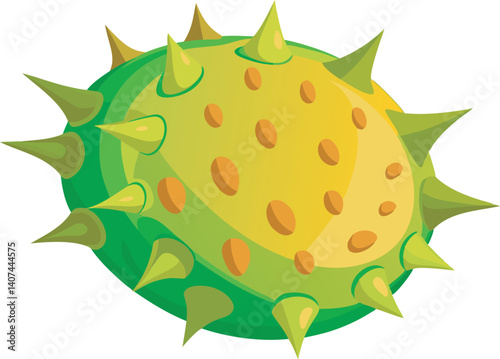 A vibrant vector art illustration of a beautiful horned melon kiwano, showcasing its spiky exterior and juicy, exotic tropical appeal.