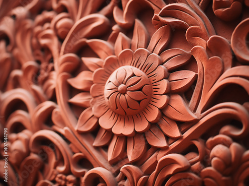 Detailed terracotta ornament made of clay, adding color and warmth to a rich facade