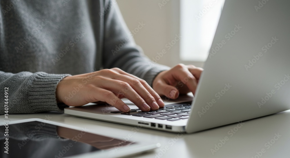 Focused work on laptop in modern office setting for productivity and efficiency Focused work on laptop in modern office setting for productivity and efficiency