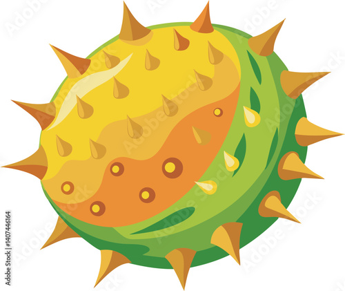 A vibrant vector art illustration of a beautiful horned melon kiwano, showcasing its spiky exterior and juicy, exotic tropical appeal.