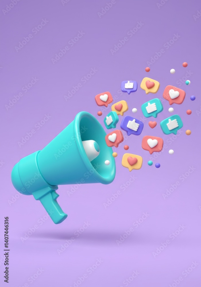 Social media engagement and marketing concept with megaphone and interaction icons