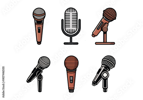 Set of microphone illustrations in various vintage and modern designs