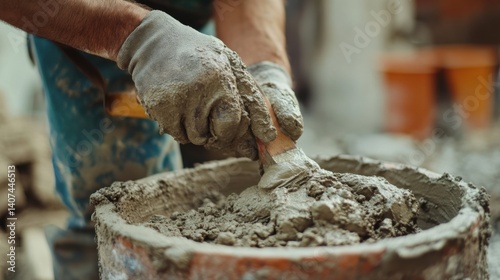 Mason mixing mortar for bricklaying in a construction site. Featuring focus and skill
