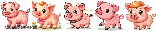 Funny collection of farm animal pictures pigs in cartoon style on white background
