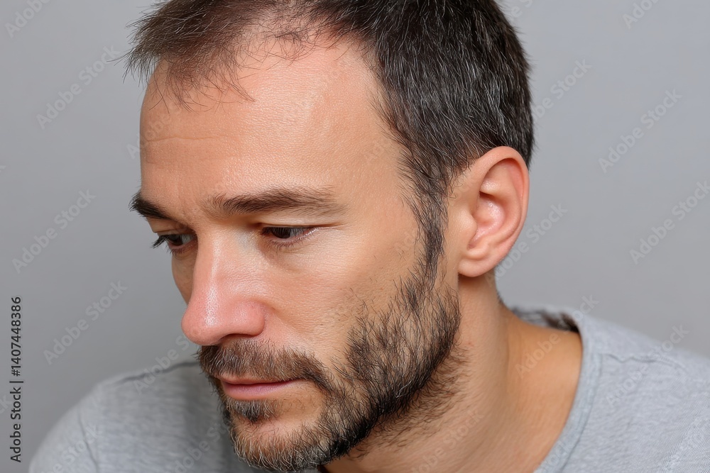 Obraz premium A mature man with short hair and a neat beard gazing downward, embodying a serene moment of contemplation that evokes feelings of introspection and personal growth, capturing life.