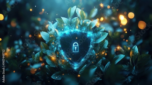 Digital Security Concept with Shield and Lock Surrounded by Nature