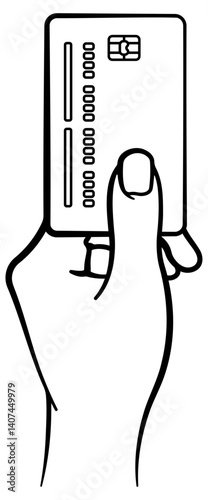Minimalist black outline illustration of a hand holding a credit or debit card. Isolated on white, ideal for finance-related designs.