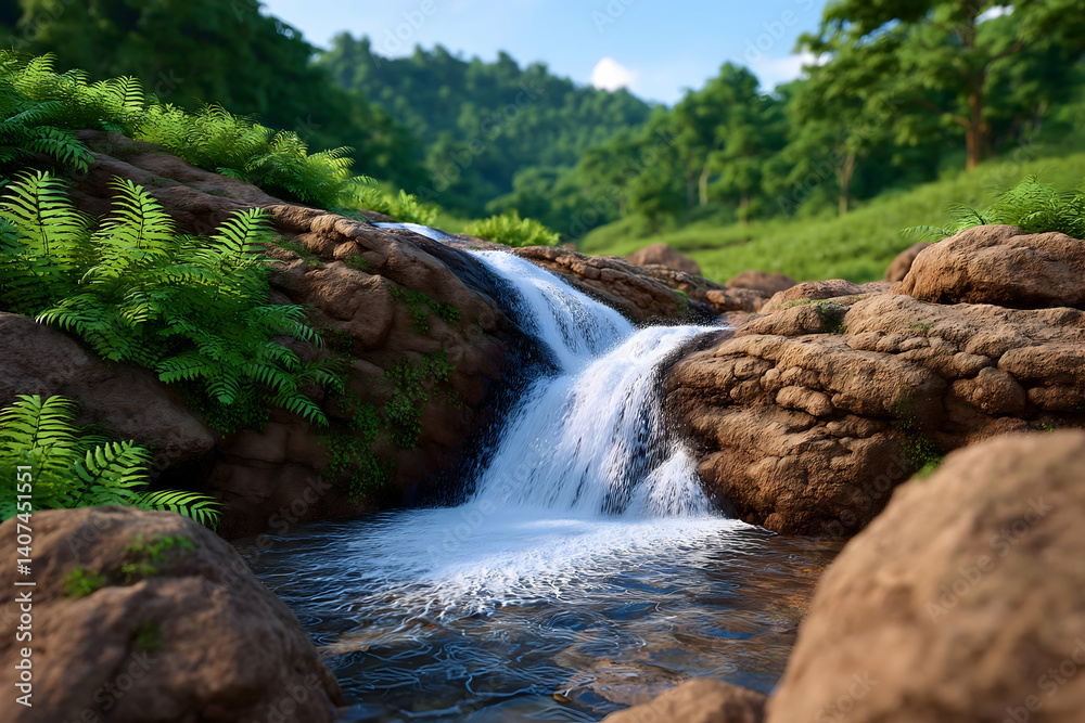 Fototapeta premium Serene waterfall cascading over rocks in lush greenery