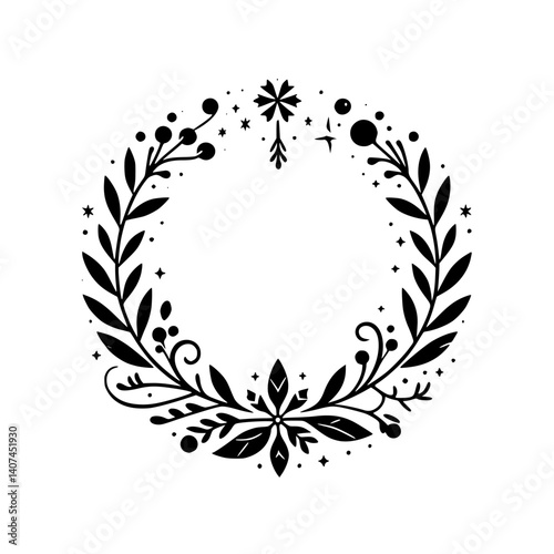 Elegant Black and White Floral Wreath Illustration