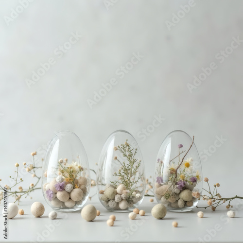 glass decorative eggs with flowers on Easter holiday