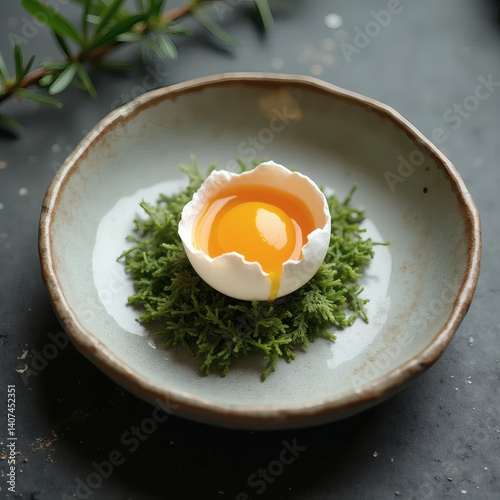 a ready-made dish on Easter day, an egg on moss in a plate, aesthetics