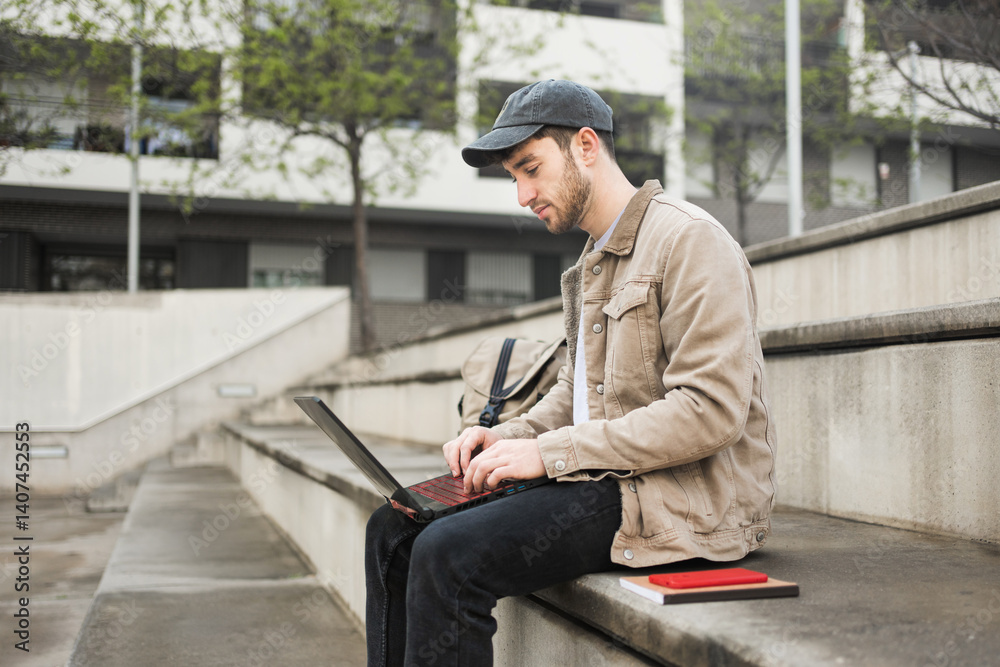 Fototapeta premium College male student working on laptop sitting on university campus steps