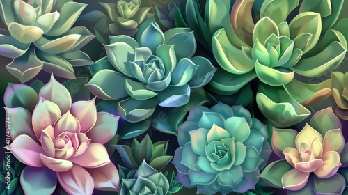 Beautiful succulent garden background with variety of echeveria plants in soft colors