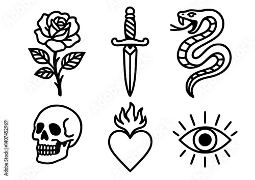 Minimal Tattoo Flash Vector Set with Line Art Symbols