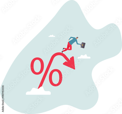 Inflation or interest rate falling down, decrease or reduction, profit fall in economic recession, stock market value loss,character for design.