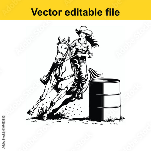 vector Western cowgirl riding horse in the barrel racing competition 