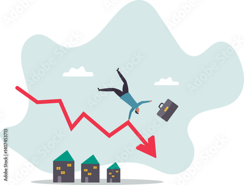 Housing price falling down, real estate and property crash, value drop or decline, home loan or mortgage risk.character for design.