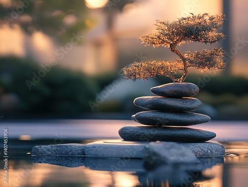A miniature bonsai tree sits atop carefully stacked, smooth grey stones reflected in the calm water of a serene zen garden, illuminated by warm sunset light.