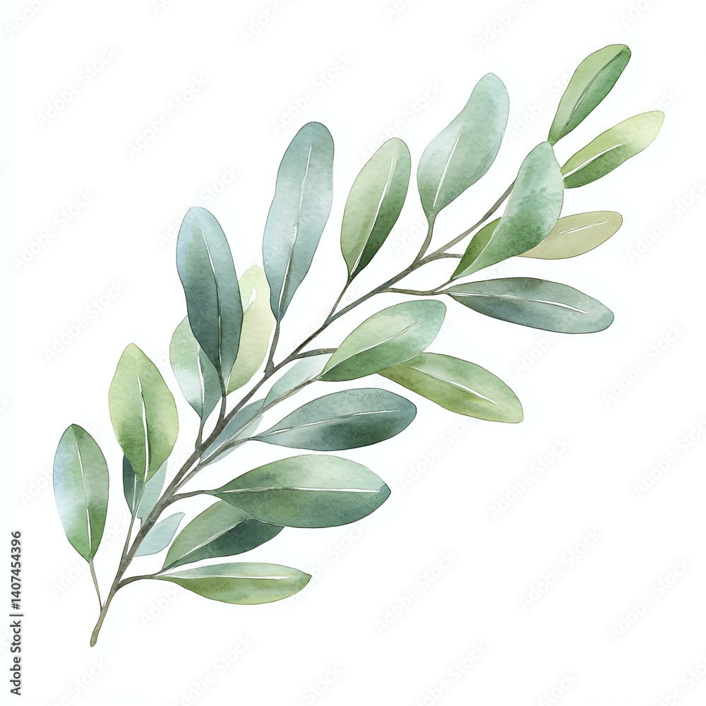 Naklejka premium Watercolor illustration of a green leaf branch.