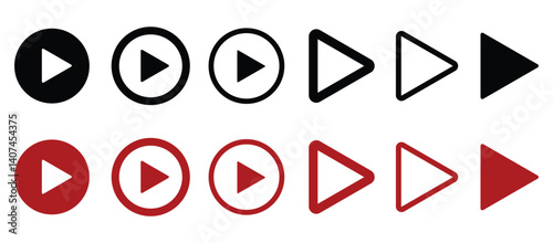 Red and black flat line play button icon set collection. Vector Illustration