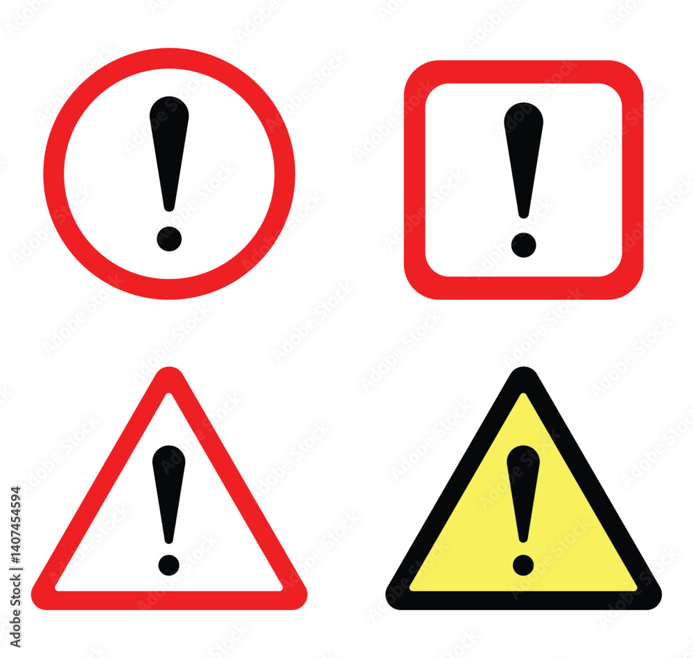 Warning, danger and caution sign icon set. Exclamation mark sign set. Vector illustration Warning, danger and caution sign icon set. Exclamation mark sign set. Vector illustration