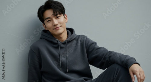 Casual style and relaxed mood with young man in gray hoodie
