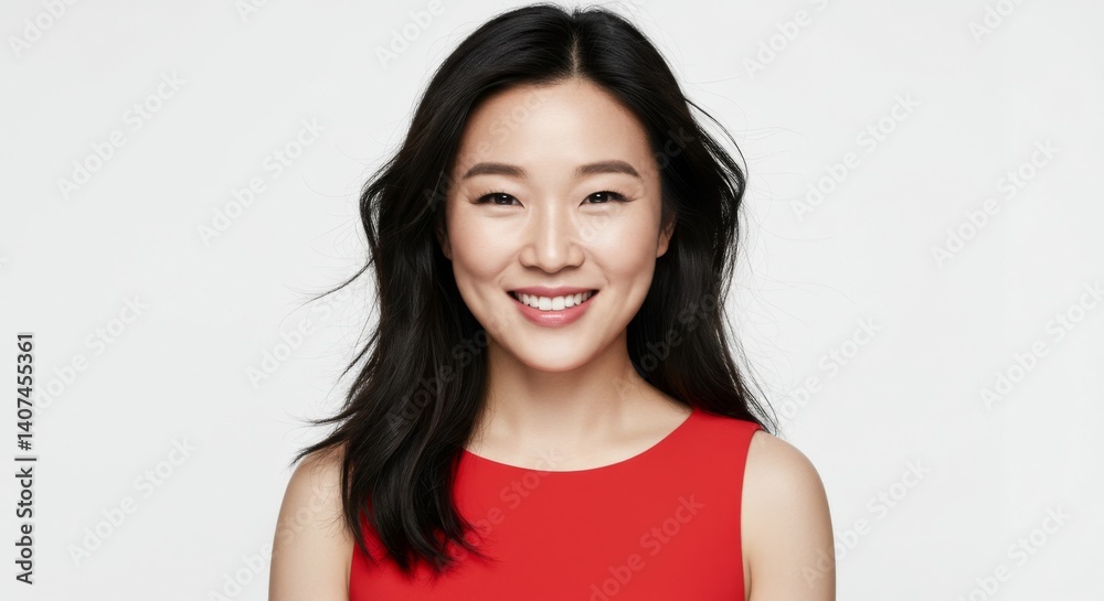 Portrait of a smiling woman in red dress on white background
