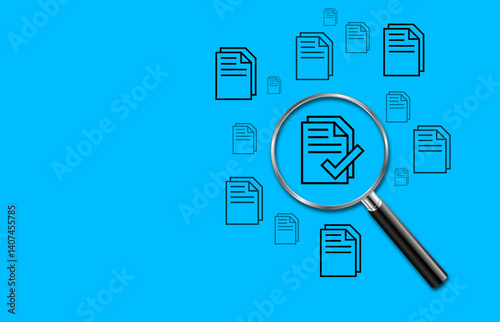 A document with a checkmark, quality assurance, and process control. auditing, verification, data inspection, and business workflow management, a concept of quality control on blue background